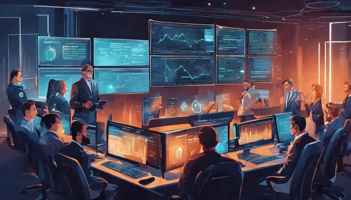 Illustration of a team of cybersecurity professionals working together to secure digital assets and defend against cyber threats.