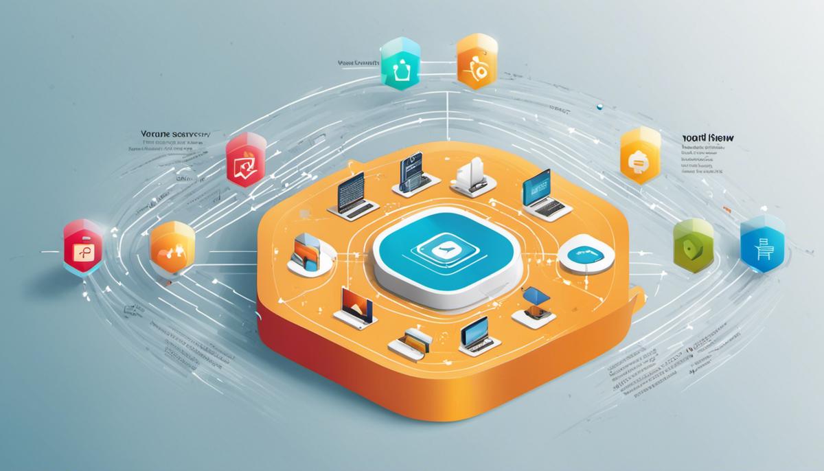 Illustration of different security layers protecting information with arrows representing the flow of data and multiple lock icons representing encryption